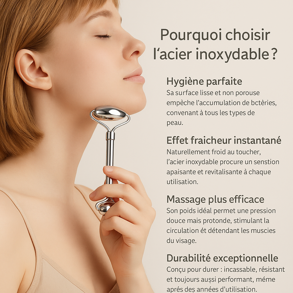 Rouleau de massage Gua Sha en acier inoxydable – outil beauté visage et corps pour soins de la peau, drainage lymphatique et anti-âge