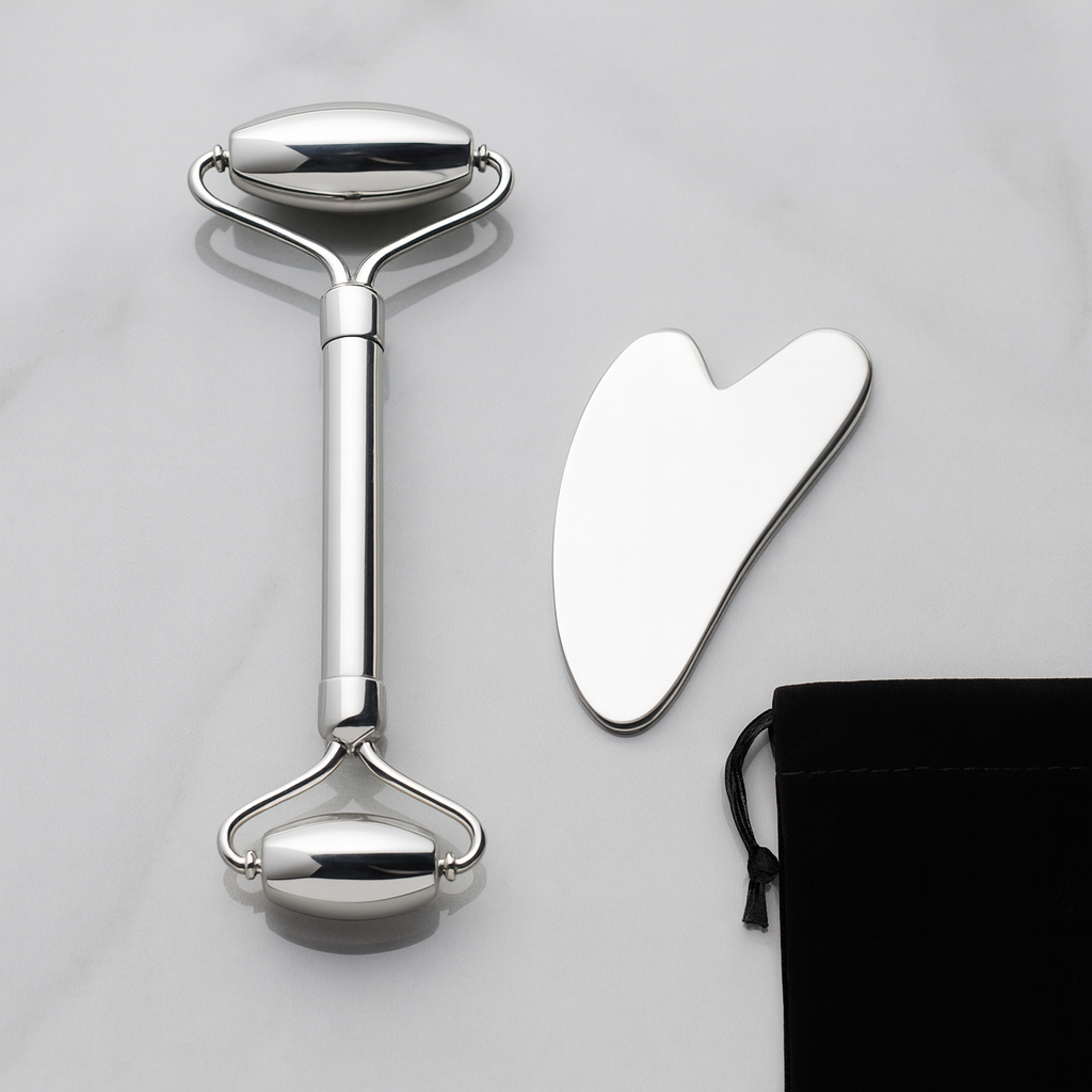 Rouleau de massage Gua Sha en acier inoxydable – outil beauté visage et corps pour soins de la peau, drainage lymphatique et anti-âge