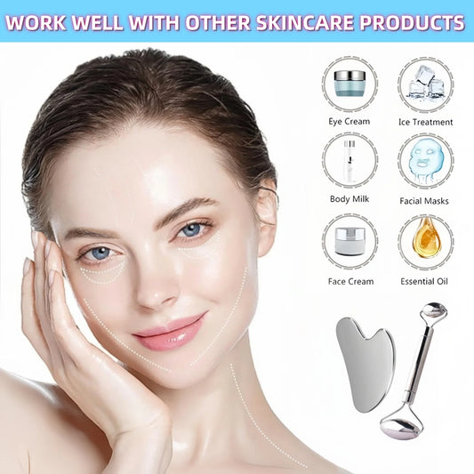 Rouleau de massage Gua Sha en acier inoxydable – outil beauté visage et corps pour soins de la peau, drainage lymphatique et anti-âge