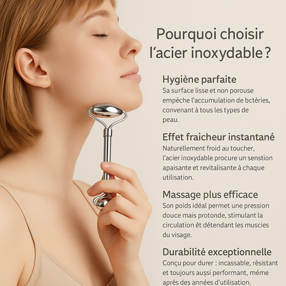 Rouleau de massage Gua Sha en acier inoxydable – outil beauté visage et corps pour soins de la peau, drainage lymphatique et anti-âge